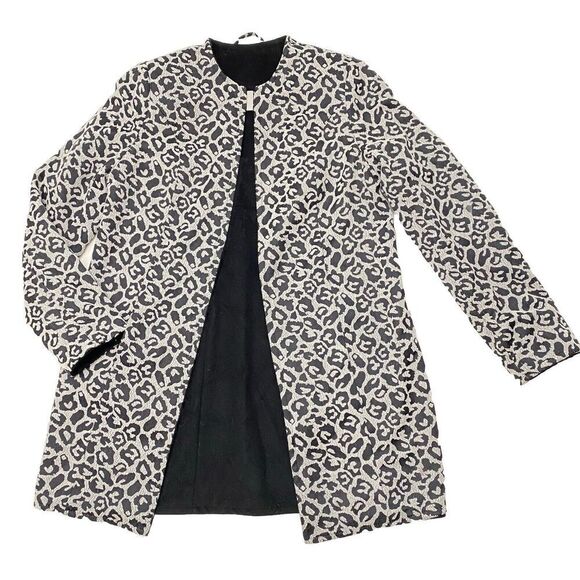 Betsy Johnson Black Snow Leopard Print Reversible Coat Wool Blend Women's Large - Picture 1 of 13